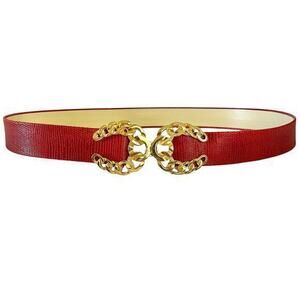 Mimi Di N Vintage Gold-Tone Chainlink Belt Buckle Red Lizard Print Leather Belt